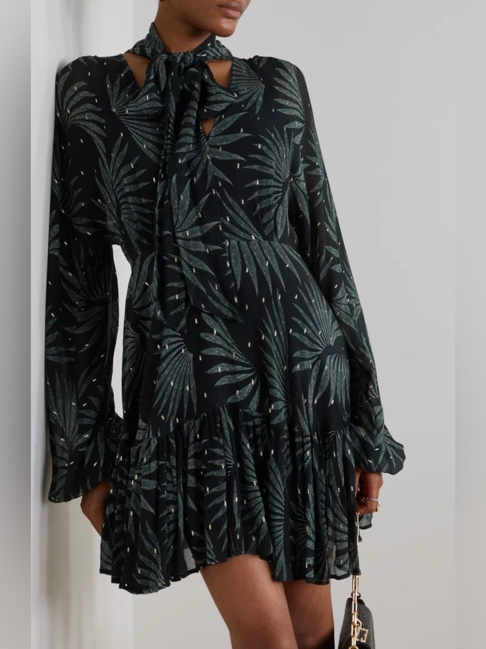 Evarae Lavinia Silk-Blend Fil Coupé Mini Dress Black & Metallic Tropical Leaf ✨